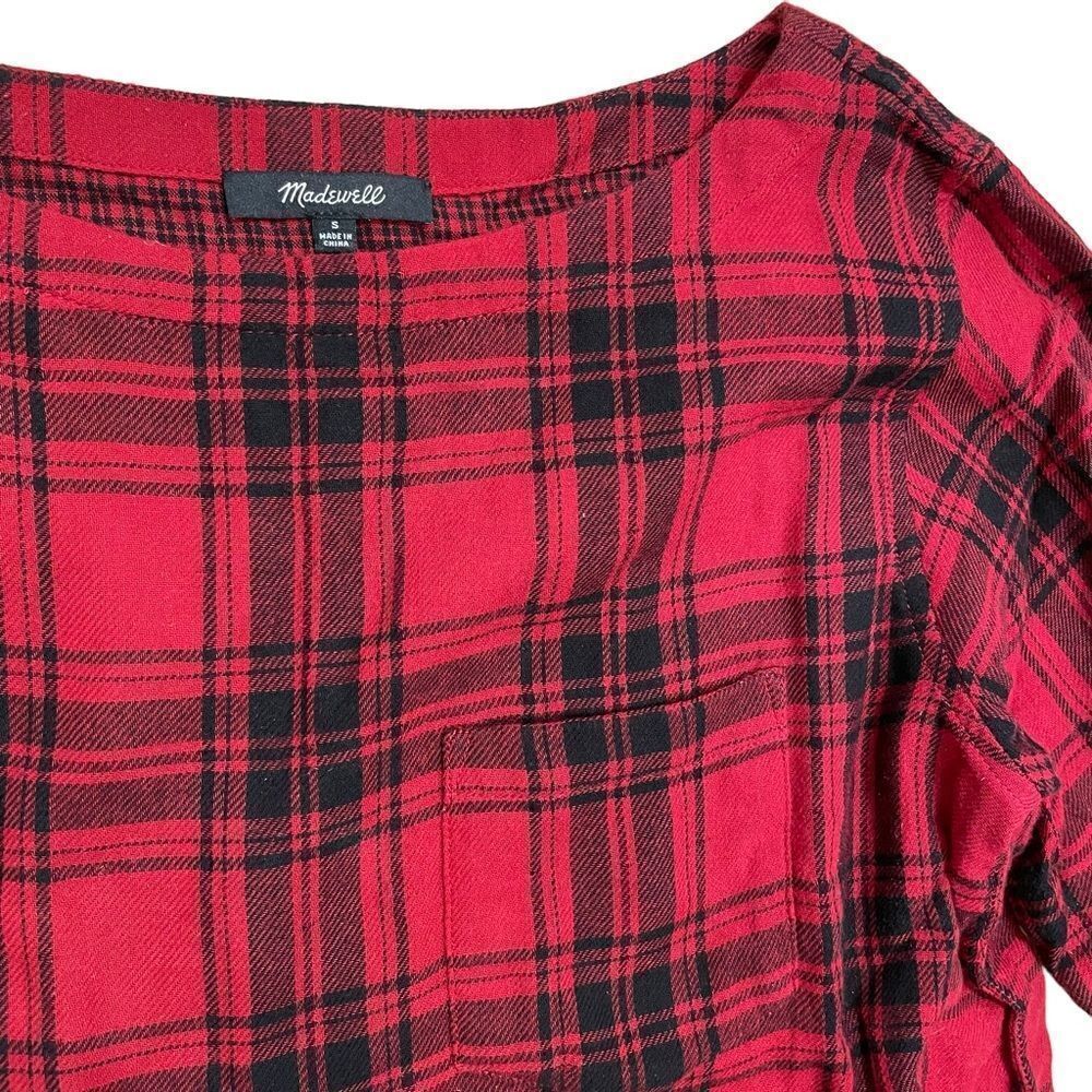 Madewell Red Black Plaid Boat Neck 3/4 Sleeve Cotton Top Womens Small Buffalo - Picture 3 of 5